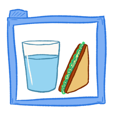 a glass of water and triangular sandwich inside a transparent blue folder.